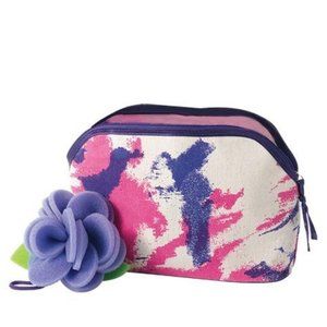 NWT Avon "Naturals" Canvas Makeup Bag & Sponge Set Pink Purple Flower 2 PC Set